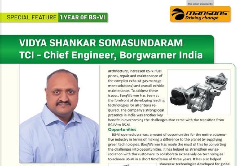 Vidya Shankar Somasundaram TCI - Chief Engineer, BorgWarner India