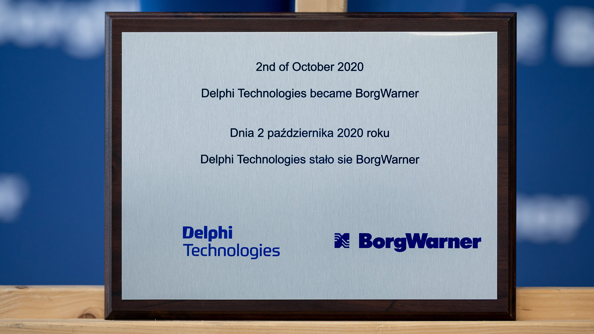 Plate celebrating the acquisition of Delphi Technologies