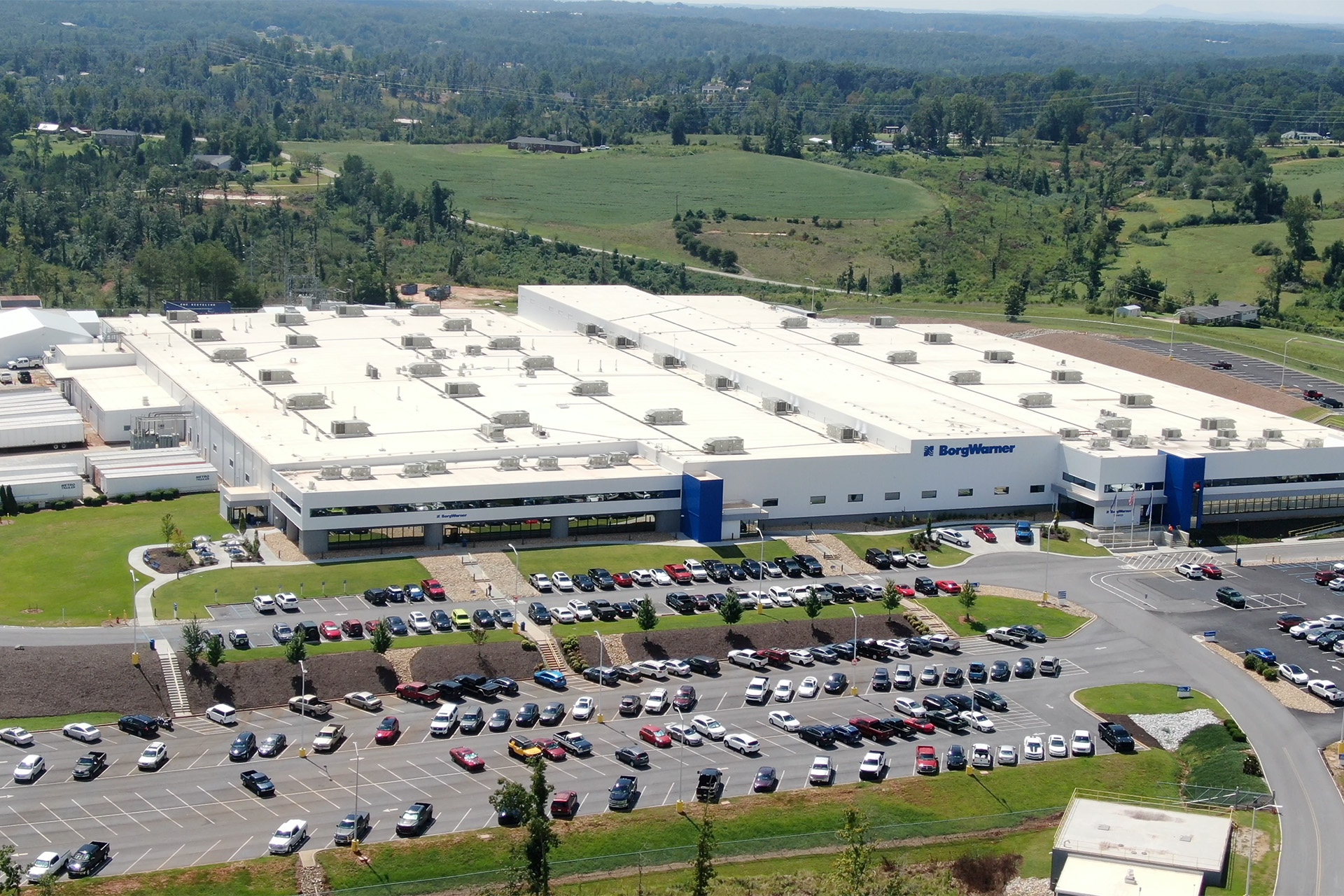 Birds-eye view of large industrial building in Seneca, South Carolina