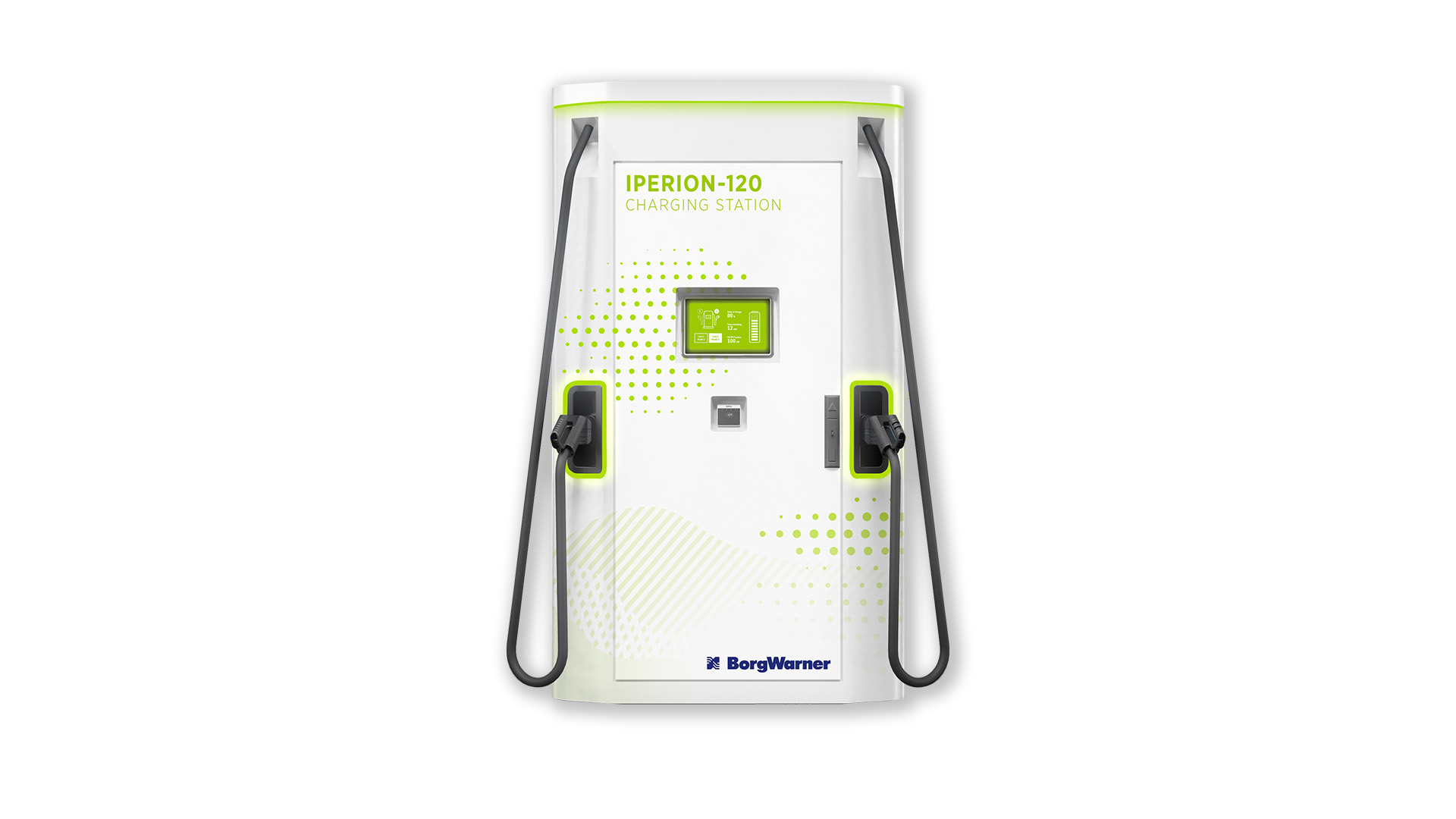 Electric vehicle charging station with two plugs, mostly white with lime green accents