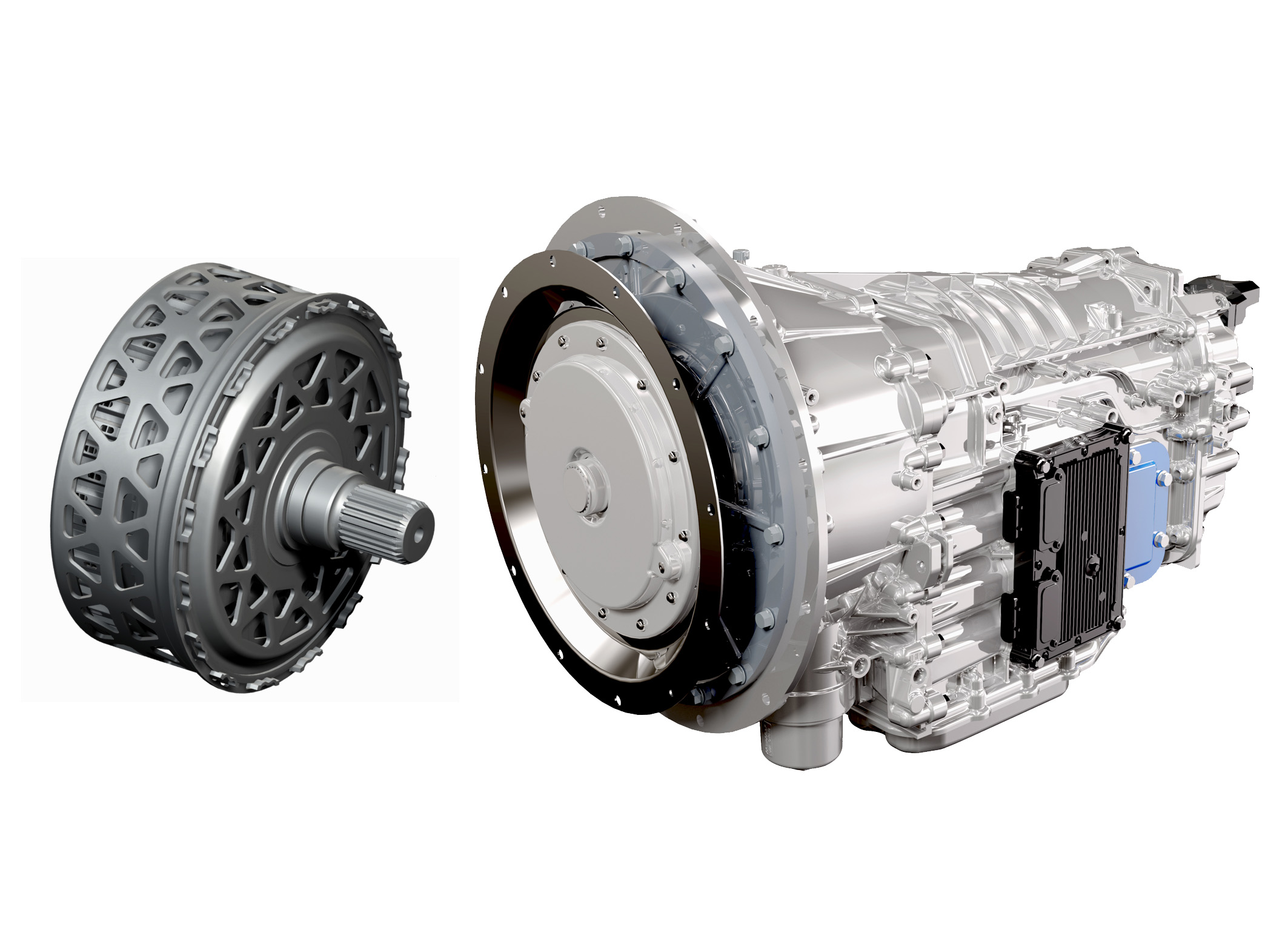 BorgWarner produces DualTronic™ clutch modules (left) for Eaton’s new Procision™ 7-speed dual-clutch transmission (right), the first dual-clutch transmission for class 6 and 7 medium-duty trucks in North America.